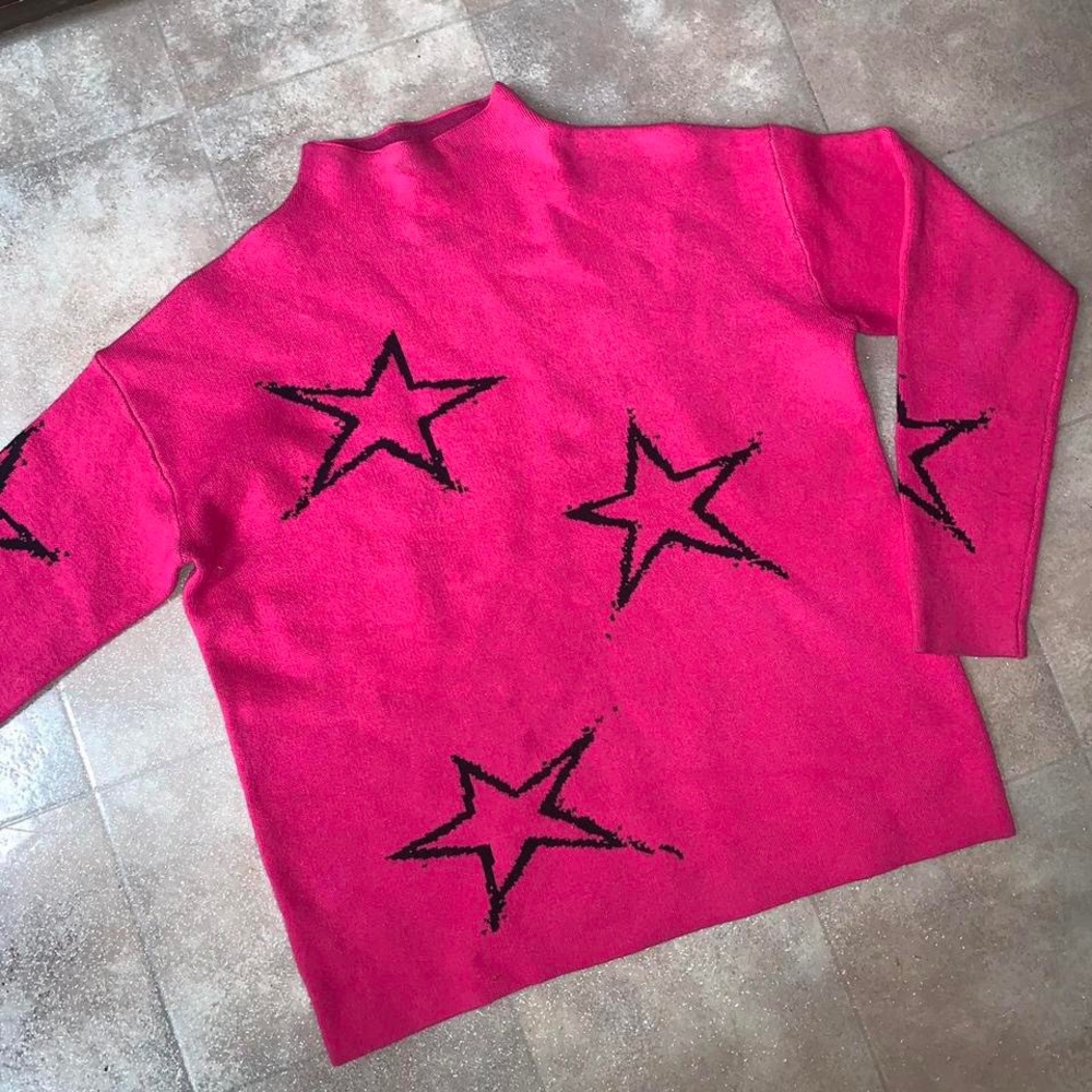 Tahari Hot Pink Star Print Mock Neck Knit Sweater Sweatshirt Medium